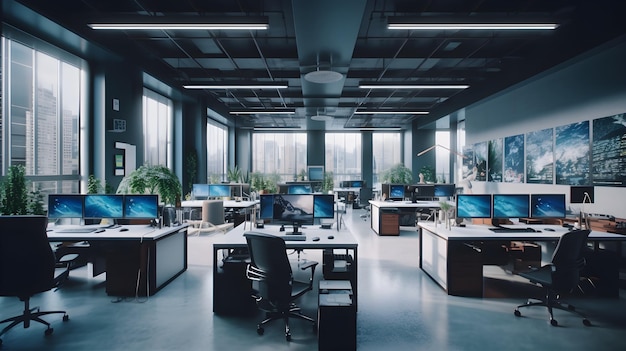 A large open office with a large window and a desk with computers on it.