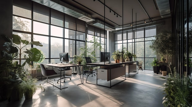 A large open office with a large window that has a lot of plants on it.