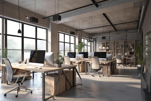 A large open office with a lot of desks and a large window.