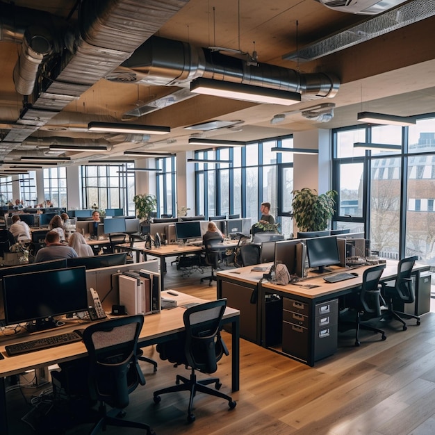 A large open office with a lot of people working on computers.