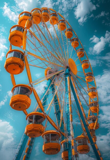 Photo a large orange and blue ferris wheel with many yellow seats the sky is blue with some clouds