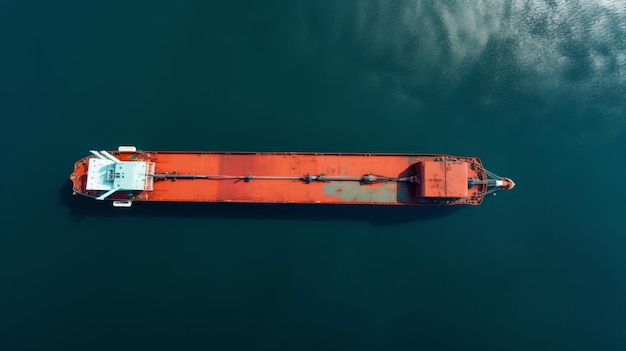 a large orange boat floating in the middle of the ocean