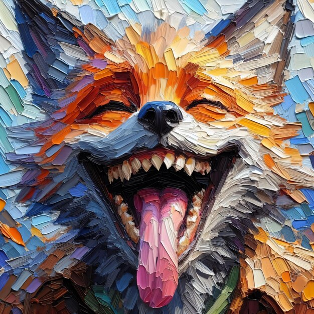 A large orange dog is painted by colorful tiles in this oil painting