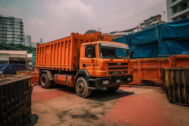 A large orange dump truck is parked in front of a building.