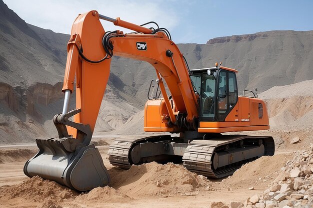 A large orange excavator is digging into a rocky field