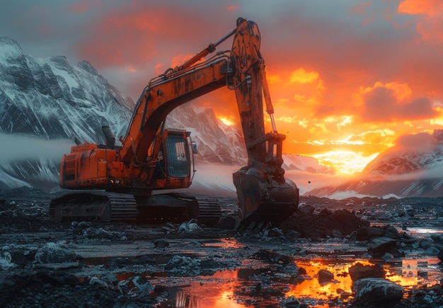 A large orange excavator is in the middle of a rocky snowy landscape The sun is setting casting a warm glow over the scene