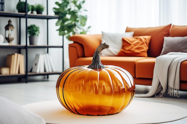 Large orange glass pumpkin on a rug in the living room Daylight illuminates the room