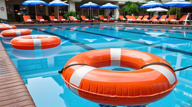 Large orange lifebuoys rest in the wild in the pool