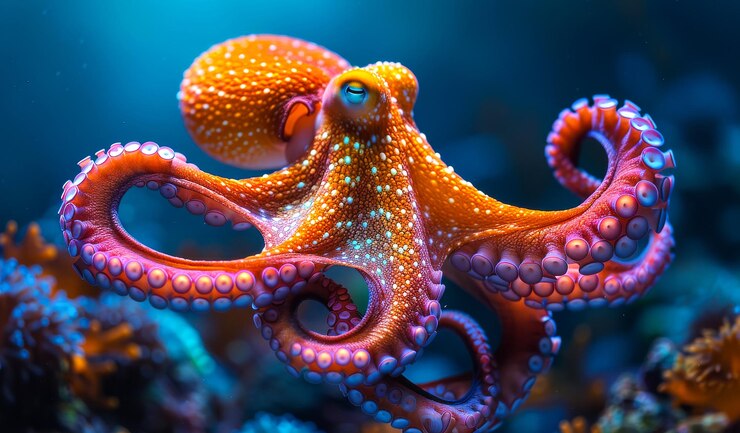 Photo a large orange octopus with white spots is swimming in the ocean the octopus is surrounded by colorful coral and other sea creatures the scene is vibrant and lively