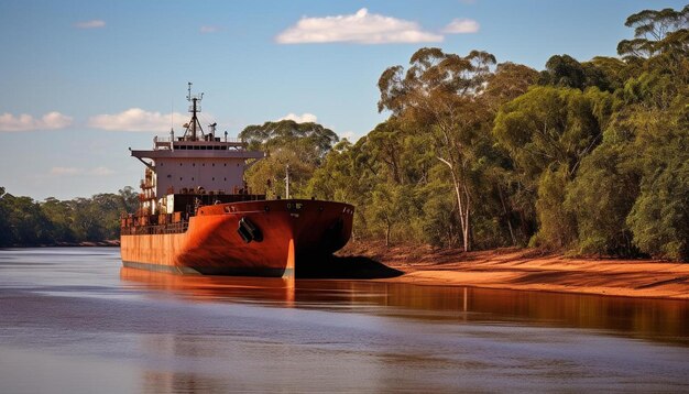 a large orange ship is docked in the water