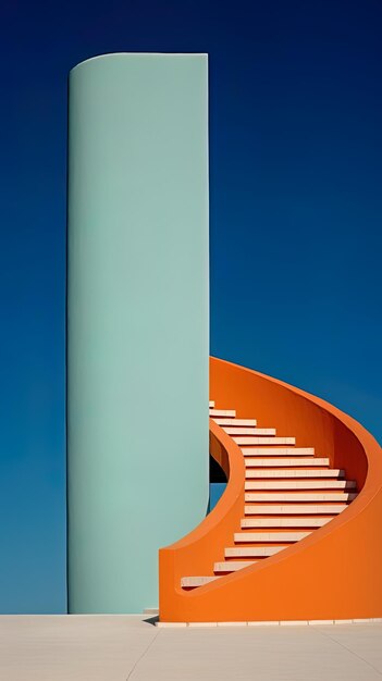 a large orange stair case is shown in the corner of a building