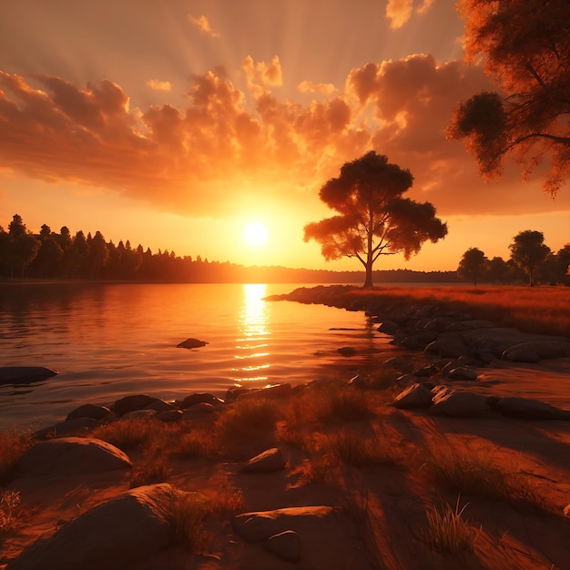 The large orange sunset sun sets and trees Ai Generated