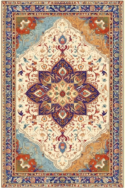 A large oriental rug with a blue and red design generative ai