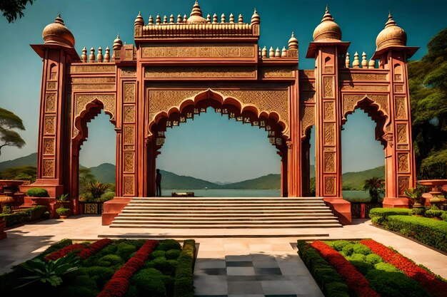 A large ornate archway with a mountain in the background.