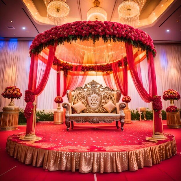 a large ornate gold and red covered platform with a gold and red floral canopy