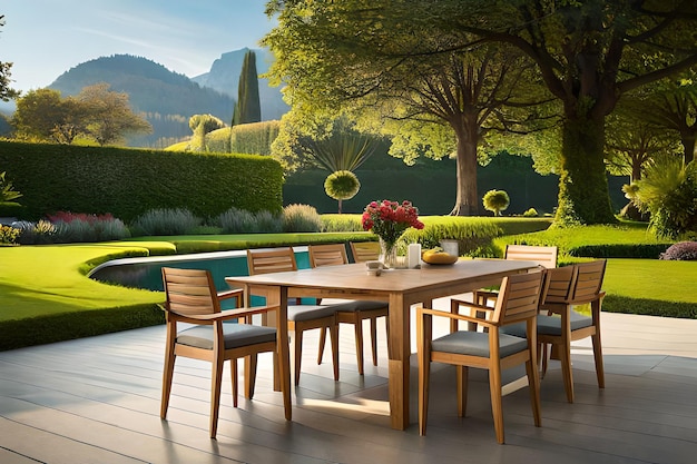 A large outdoor table and chairs with a view of a garden.