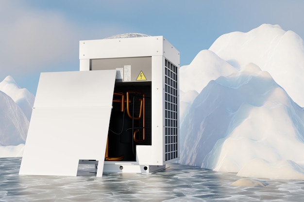 Large outdoor unit of an air conditioner against the backdrop\
of an ice mountain 3d