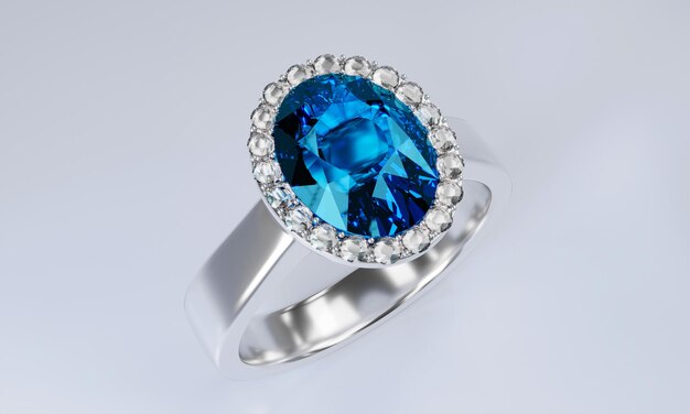 Photo the large oval blue diamond is surrounded by many diamonds on the ring made of platinum gold placed on a white background 3d rendering