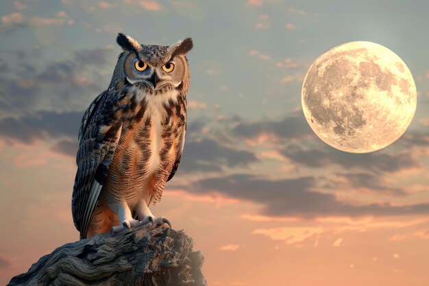 Photo a large owl is perched on a branch in front of a full moon