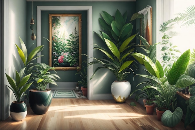 a large painting hanging on a wall in a room with a plant in it and a vase