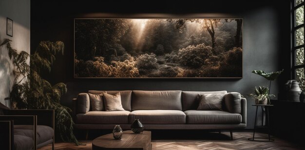 A large painting hangs above a couch in a living room.