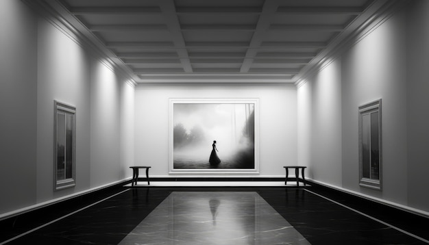 A large painting hangs on a wall in a hallway.