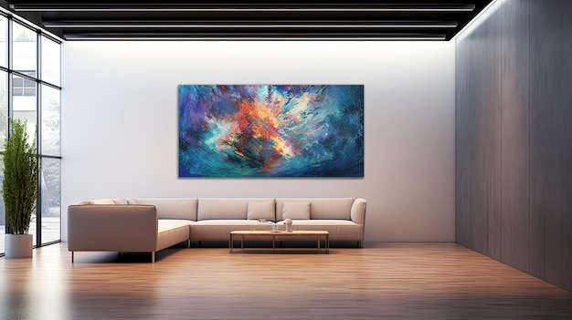 A large painting hangs on a wall in a living room.