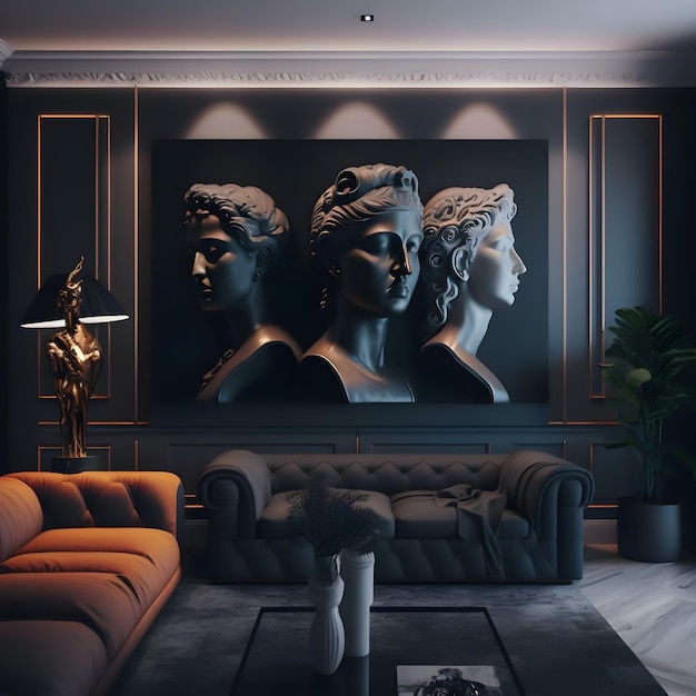 A large painting of statues is hanging on a wall in a living room.