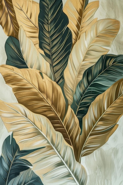 淡い緑色と灰色のスタイルでベージュ色の背景に熱帯葉の大きな絵画