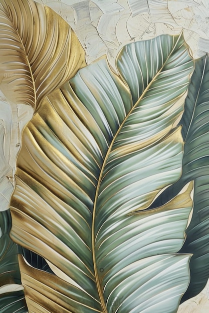 a large painting of tropical leaves on a beige background in the style of light green and gray