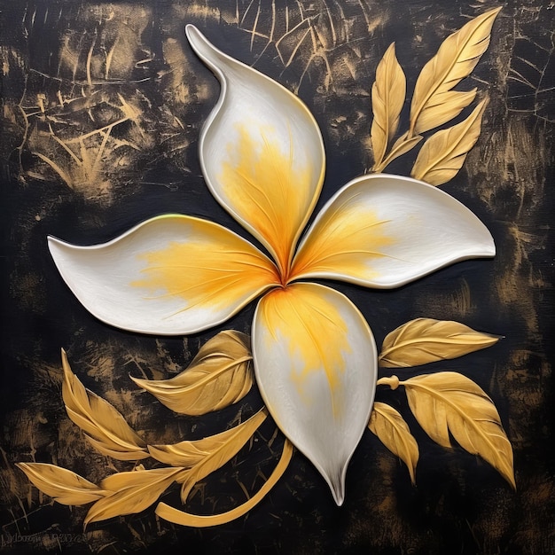 Large Painting Of White And Yellow Flower On Black Background Wi