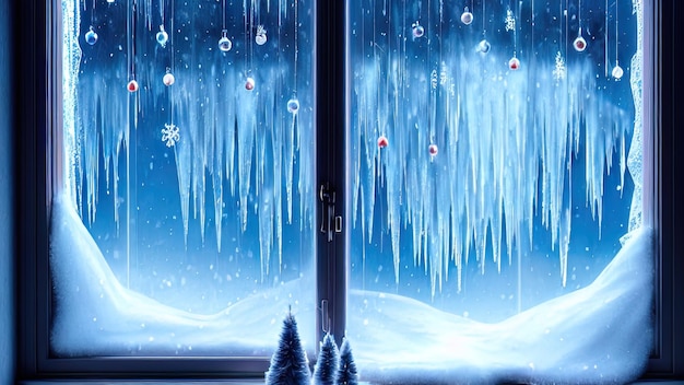 Large panoramic frozen winter window Dark room with a large window snow and ice on the window Winter background fantasy interior Christmas window 3D illustration