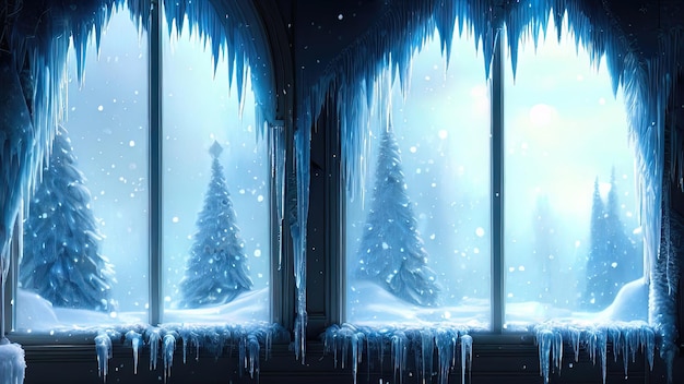 Large panoramic frozen winter window Dark room with a large window snow and ice on the window Winter background fantasy interior Christmas window 3D illustration