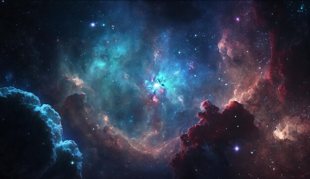 밝게 빛나는 별 은하와 깊은 우주 Generative AI가 있는 우주의 다채로운 진한 파란색의 큰 파노라마 보기