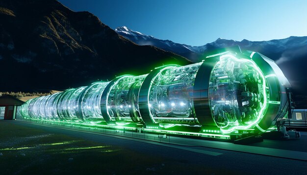 a large particle collider shown under lake geneva and the Swiss alps at CERN volumetric lighting