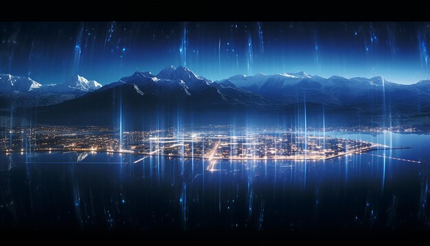 A large particle collider shown under lake geneva and the swiss alps at cern volumetric lighting