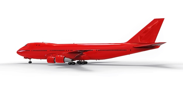 長い大西洋横断飛行のための大容量の大型旅客機。孤立した白地に赤い飛行機。 3 dイラスト。