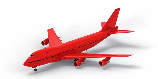 Large passenger aircraft of large capacity for long transatlantic flights. Red airplane on white isolated background. 3d illustration.