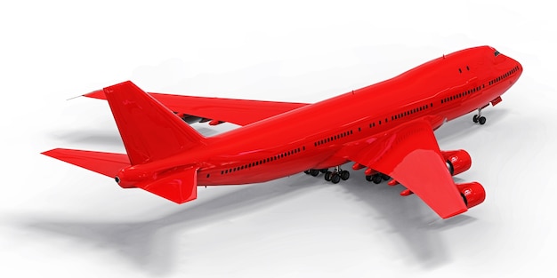 Large passenger aircraft of large capacity for long transatlantic flights. Red airplane on white isolated background. 3d illustration.