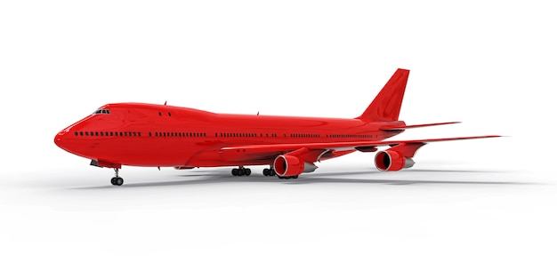 Large passenger aircraft of large capacity for long transatlantic flights. Red airplane on white isolated surface