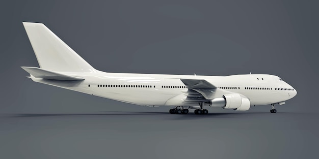Большой пассажирский самолет большой вместимости для дальних трансатлантических перелетов. Белый самолет на сером изолированном фоне. 3D иллюстрации.