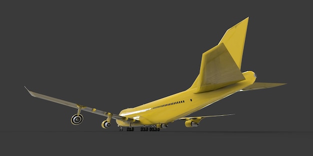 大西洋横断飛行に対応する大容量の大型旅客機。灰色の孤立した背景に黄色の飛行機。 3Dイラスト。