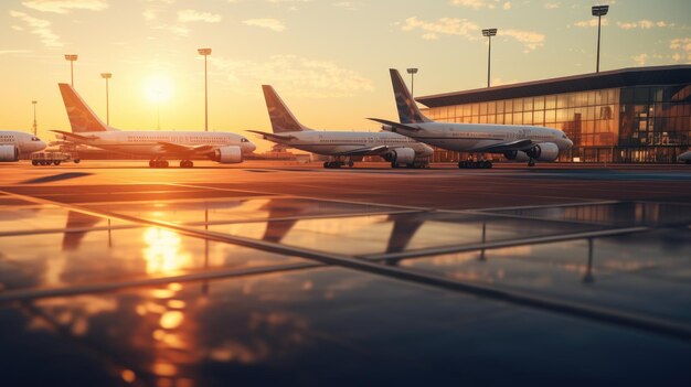 日没時の空港到着エリアの大型旅客機