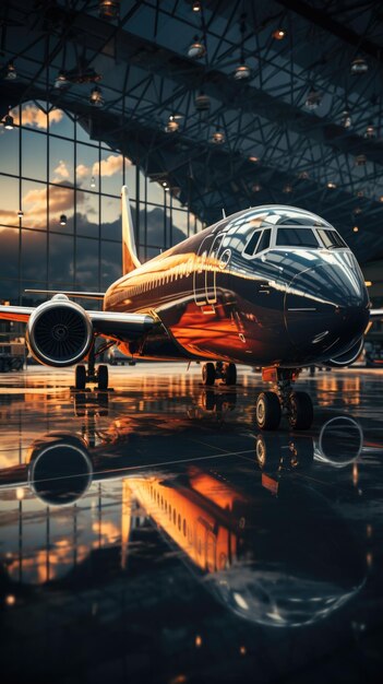 A large passenger airplane stands in an airport hangar