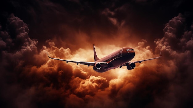 雲の空を飛ぶ大きな旅客機