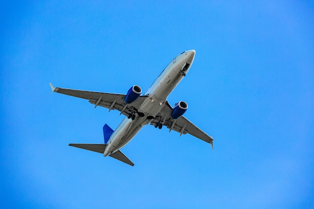 Large passenger plane flying in the blue sky