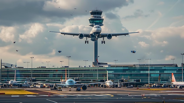 Foto un grande aereo passeggeri sta atterrando in un aeroporto l'aereo sta volando a bassa quota sulla pista con la torre di controllo sullo sfondo
