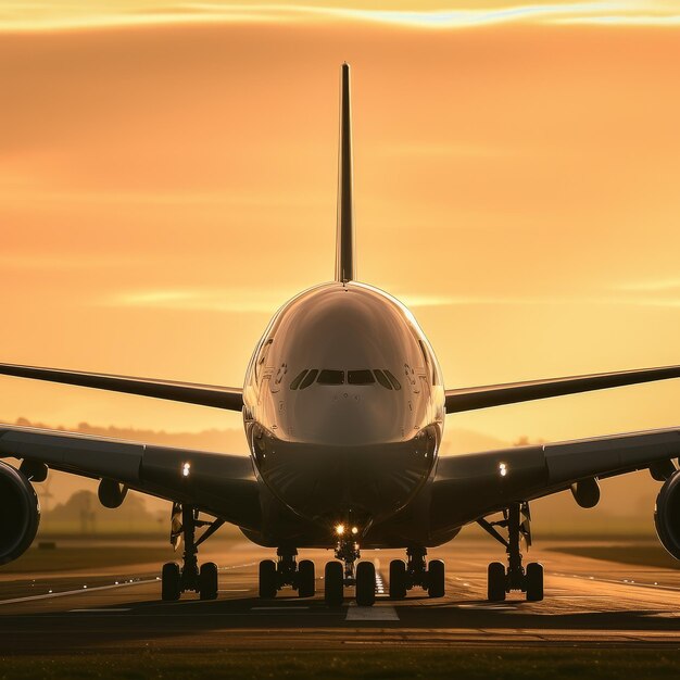 A large passenger plane is landing at sunset