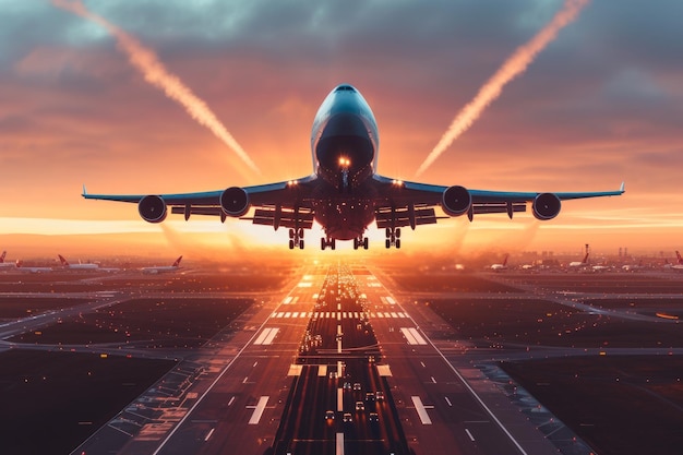 A large passenger plane is taking off from an airport runway at sunset