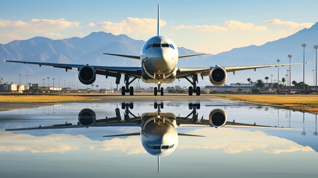 Большой пассажирский самолет приземляется на взлетно-посадочной полосе Концепция туризма и путешествий
